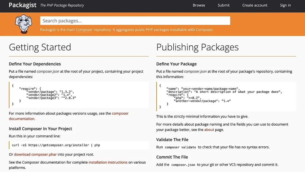Скріншот головної Packagist