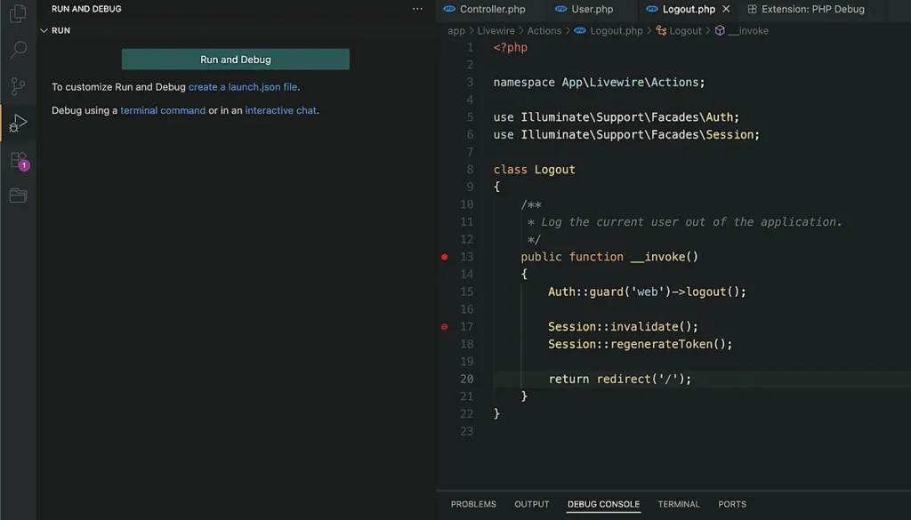 Інтерфейс PHP Debug з breakpoints та змінними у Visual Studio Code